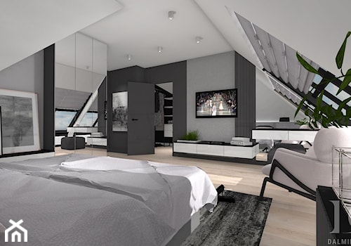 DOM NAD BRZEGIEM JEZIORA - Duża biała szara sypialnia na poddaszu, styl nowoczesny - zdjęcie od DALMIKO DESIGN Pracownia Projektowa