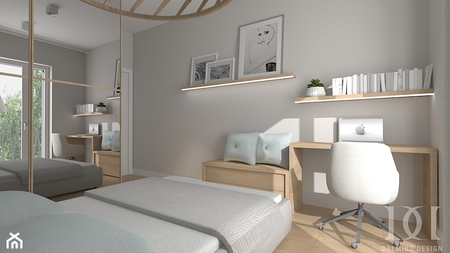 APARTAMENT DWUPOZIOMOWY - Średnia biała szara z biurkiem sypialnia z balkonem / tarasem, styl nowoczesny - zdjęcie od DALMIKO DESIGN Pracownia Projektowa