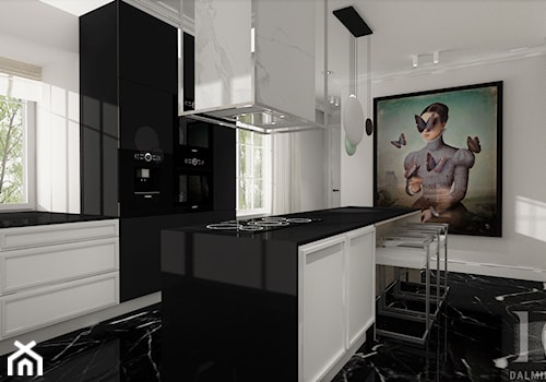 BLACK&WHITE - Duża otwarta z salonem biała czarna z zabudowaną lodówką kuchnia w kształcie litery u z wyspą lub półwyspem z oknem, styl nowoczesny - zdjęcie od DALMIKO DESIGN Pracownia Projektowa