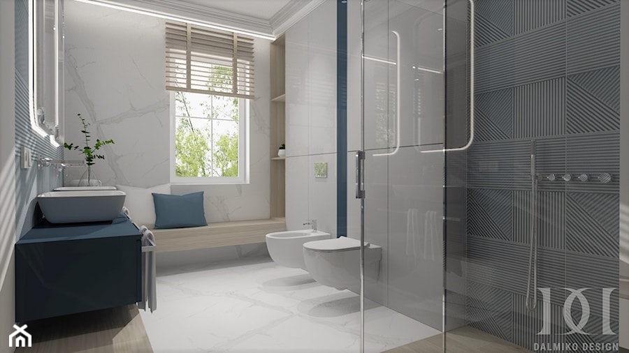HOLLYWOODZKI SZNYT - Średnia z lustrem z dwoma umywalkami łazienka z oknem, styl nowoczesny - zdjęcie od DALMIKO DESIGN Pracownia Projektowa