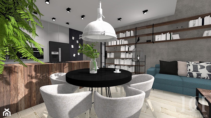 INDUSTRIALNE MIESZKANIE - Średnia jadalnia w salonie w kuchni, styl industrialny - zdjęcie od DALMIKO DESIGN Pracownia Projektowa