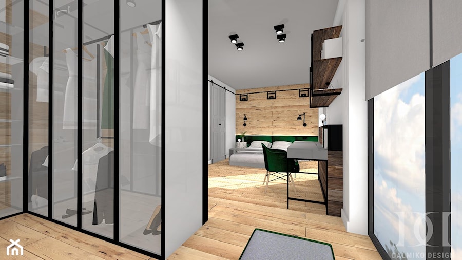 INDUSTRIALNE MIESZKANIE - Duża szara z biurkiem sypialnia z garderobą, styl industrialny - zdjęcie od DALMIKO DESIGN Pracownia Projektowa