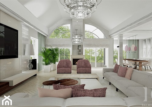 HOLLYWOODZKI SZNYT - Duży beżowy biały salon z jadalnią, styl nowoczesny - zdjęcie od DALMIKO DESIGN Pracownia Projektowa