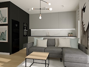 APARTAMENT DWUPOZIOMOWY - Mały czarny szary salon z kuchnią z jadalnią, styl nowoczesny - zdjęcie od DALMIKO DESIGN Pracownia Projektowa