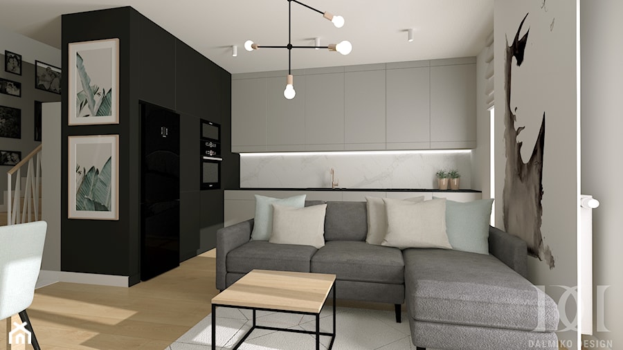 APARTAMENT DWUPOZIOMOWY - Mały czarny szary salon z kuchnią z jadalnią, styl nowoczesny - zdjęcie od DALMIKO DESIGN Pracownia Projektowa