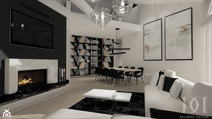 BLACK&WHITE - Duży beżowy biały czarny salon z jadalnią, styl nowoczesny - zdjęcie od DALMIKO DESIGN Pracownia Projektowa