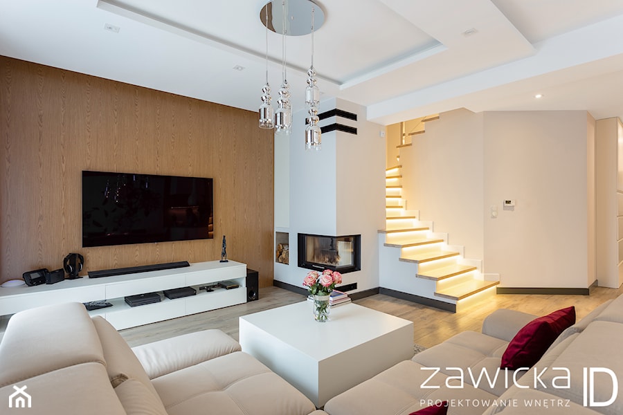 Dom jednorodzinny pod Warszawą - konkurs - Duży biały salon, styl nowoczesny - zdjęcie od ZAWICKA-ID Projektowanie wnętrz
