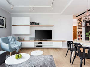 Mieszkanie dla rodziny - Średni biały czarny szary salon z jadalnią, styl skandynawski - zdjęcie od ZAWICKA-ID Projektowanie wnętrz