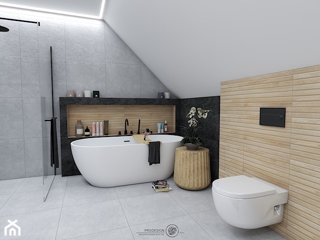 Łazienka z dekorem marmuru, drewnem i czernią