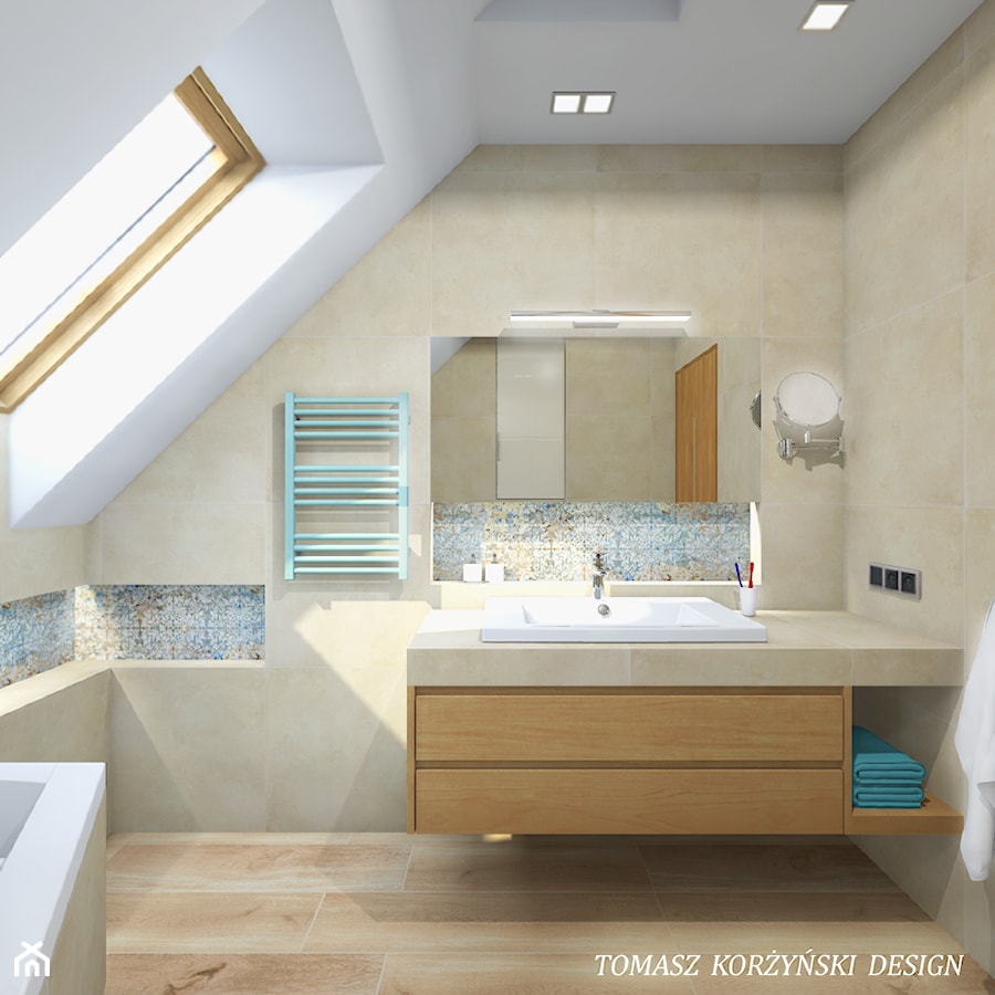 Projekt łazienki dom pod Krakowem - Średnia na poddaszu łazienka z oknem, styl nowoczesny - zdjęcie od Tomasz Korżyński Design