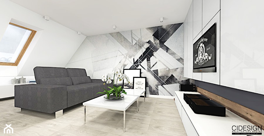 Salon z grafiką na ścianie. - zdjęcie od HOUSE OF HAROLD interiors