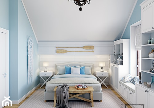 Powiew morskiej bryzy w Warszawie - Średnia biała niebieska sypialnia na poddaszu, styl rustykalny - zdjęcie od 4 kąty a stół 5