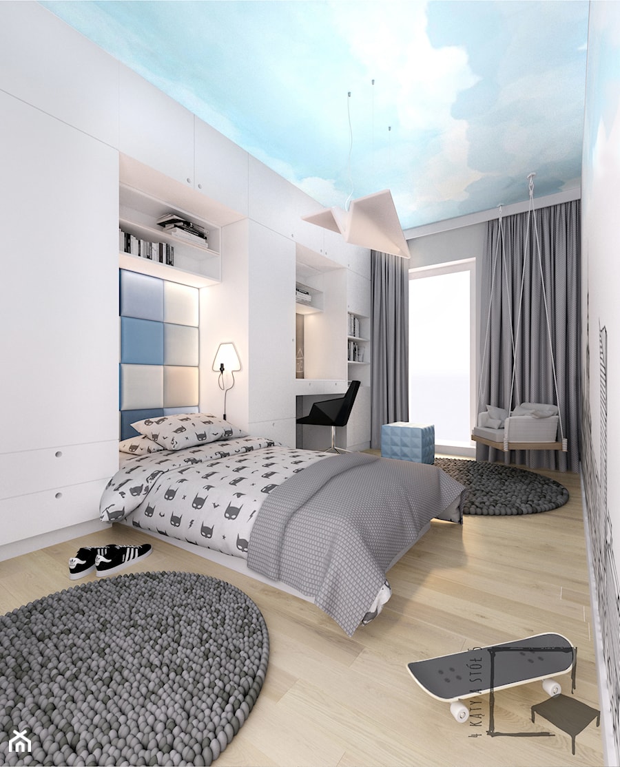 Eco Apartament - Średni biały szary pokój dziecka dla nastolatka dla chłopca dla dziewczynki, styl nowoczesny - zdjęcie od 4 kąty a stół 5
