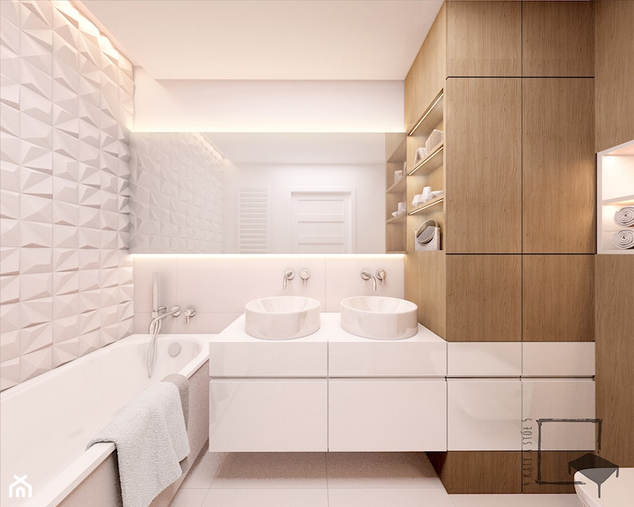 Eco Apartament - Mała na poddaszu bez okna z lustrem z dwoma umywalkami łazienka, styl nowoczesny - zdjęcie od 4 kąty a stół 5