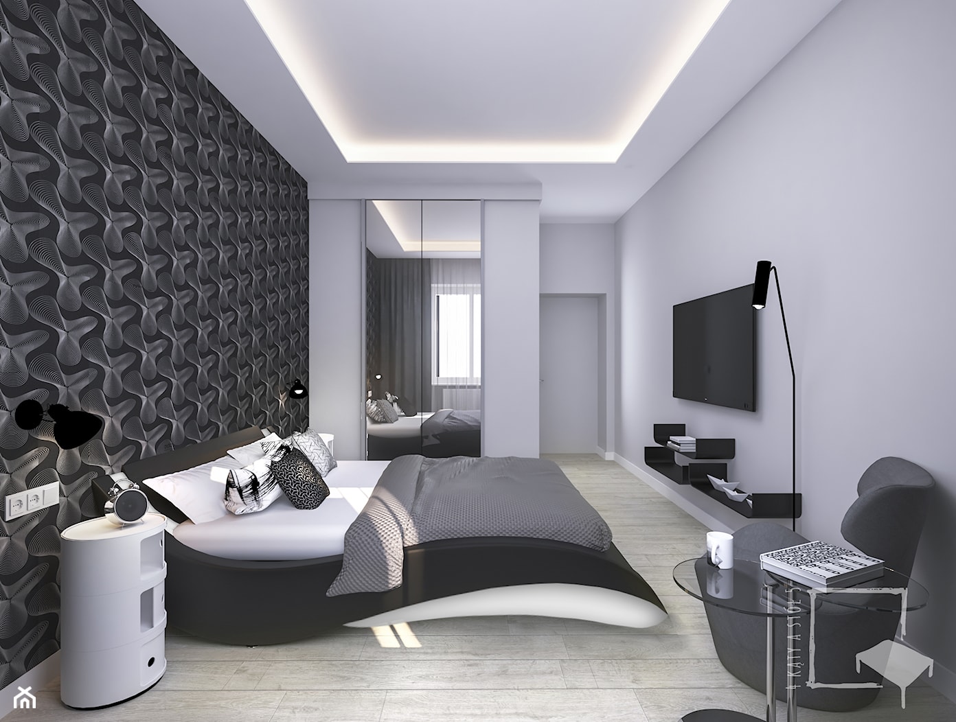 ULTRA - Średnia czarna z biurkiem z panelami tapicerowanymi sypialnia, styl nowoczesny - zdjęcie od 4 kąty a stół 5 - Homebook