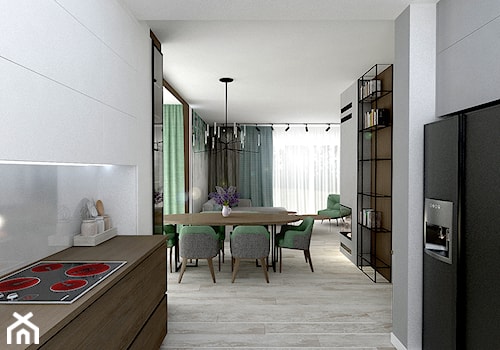 Szczepankowo - Średnia biała szara jadalnia w salonie w kuchni, styl industrialny - zdjęcie od ememstudio