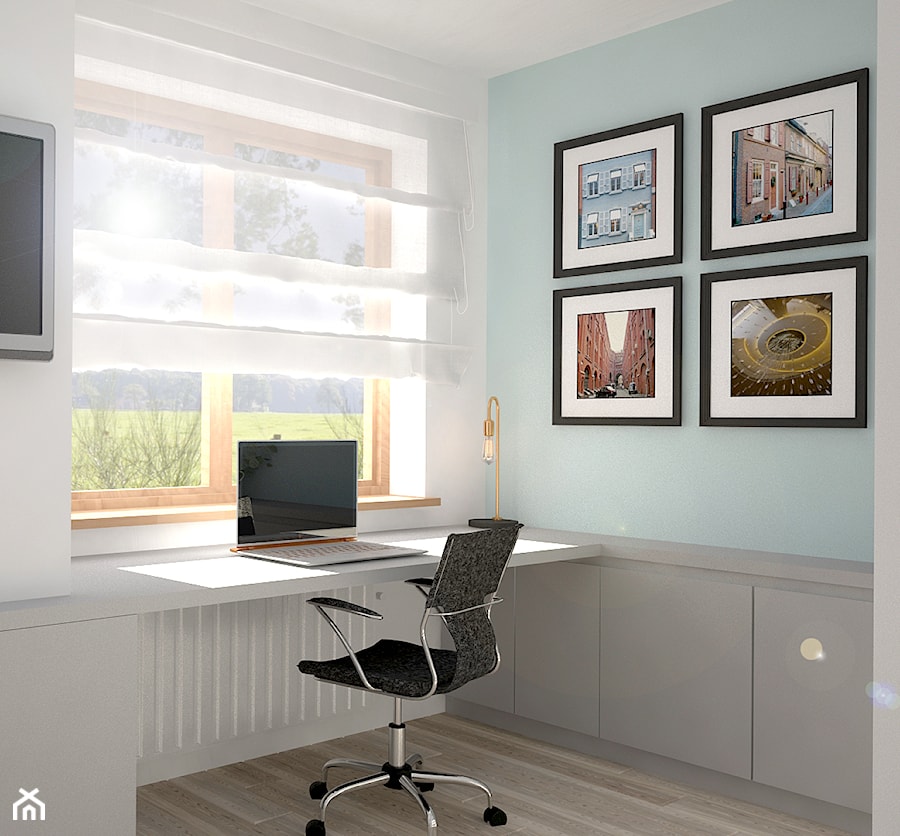 Dom pod Poznaniem 2 - Biała niebieska z biurkiem sypialnia, styl nowoczesny - zdjęcie od ememstudio