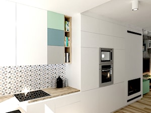 Dom w Baranowie - Średnia otwarta z salonem szara z zabudowaną lodówką z nablatowym zlewozmywakiem kuchnia w kształcie litery l z oknem, styl nowoczesny - zdjęcie od ememstudio