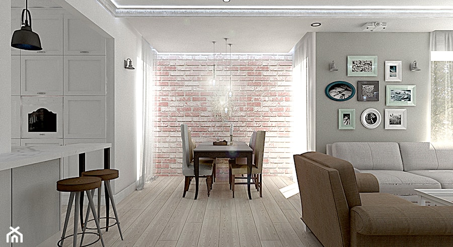 Dom Baranowo - Mały biały szary salon z kuchnią z jadalnią, styl prowansalski - zdjęcie od ememstudio