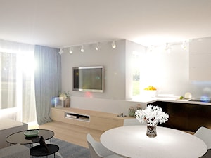 Mieszkanie w Poznaniu - Średnia otwarta z salonem biała szara z zabudowaną lodówką kuchnia w kształcie litery l z oknem, styl skandynawski - zdjęcie od ememstudio