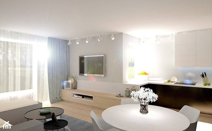 Mieszkanie w Poznaniu - Średnia otwarta z salonem biała szara z zabudowaną lodówką kuchnia w kształcie litery l z oknem, styl skandynawski - zdjęcie od ememstudio