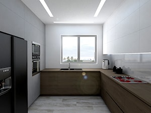 Szczepankowo - Średnia otwarta biała z zabudowaną lodówką z podblatowym zlewozmywakiem kuchnia w kształcie litery u z oknem, styl industrialny - zdjęcie od ememstudio