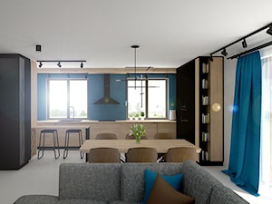 Dom Tarnowo Podgórne - Średnia otwarta z salonem niebieska szara z zabudowaną lodówką z nablatowym zlewozmywakiem kuchnia w kształcie litery u z oknem, styl industrialny - zdjęcie od ememstudio