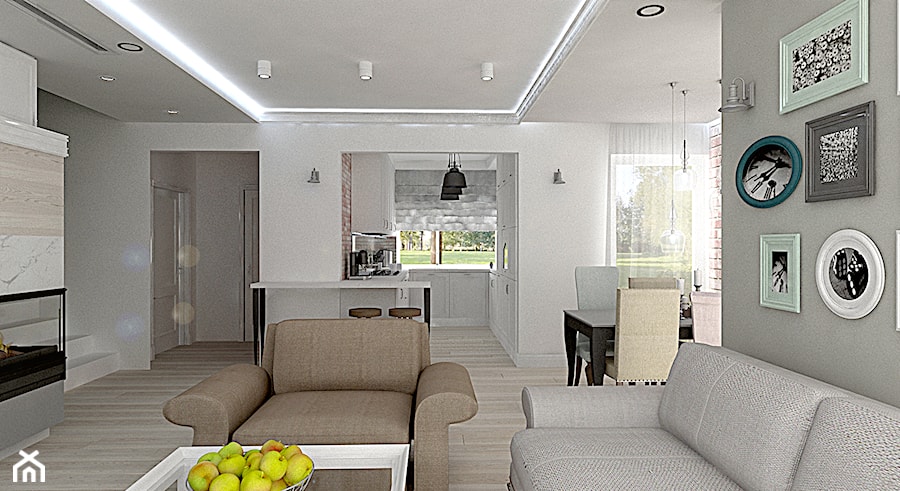 Dom Baranowo - Średni biały szary salon z kuchnią z jadalnią, styl prowansalski - zdjęcie od ememstudio