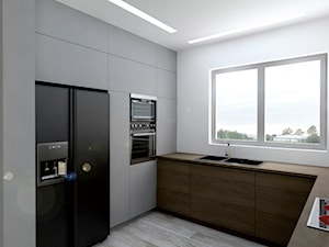 Szczepankowo - Średnia zamknięta biała z zabudowaną lodówką z nablatowym zlewozmywakiem kuchnia w kształcie litery u z oknem, styl industrialny - zdjęcie od ememstudio