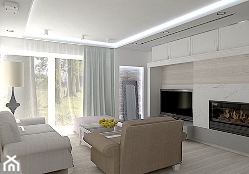 Dom Baranowo - Średni biały szary salon z tarasem / balkonem, styl prowansalski - zdjęcie od ememstudio