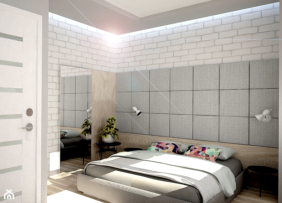 Dom pod Poznaniem 2 - Średnia biała szara z panelami tapicerowanymi sypialnia, styl nowoczesny - zdjęcie od ememstudio