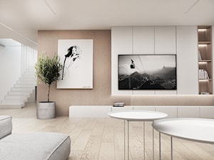 Dom Tychy II - Duży biały salon z bibiloteczką, styl skandynawski - zdjęcie od FOORMA Pracownia Architektury Wnętrz