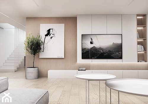 Dom Tychy II - Duży biały salon z bibiloteczką, styl skandynawski - zdjęcie od FOORMA Pracownia Architektury Wnętrz