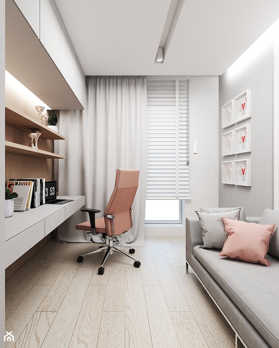 Atal Katowice - Małe w osobnym pomieszczeniu z sofą z zabudowanym biurkiem białe szare biuro, styl nowoczesny - zdjęcie od FOORMA Pracownia Architektury Wnętrz