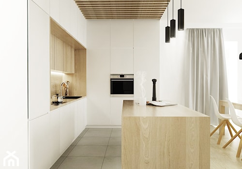 Średnia otwarta z salonem biała z zabudowaną lodówką kuchnia w kształcie litery l z wyspą lub półwyspem z oknem z kompozytem na ścianie nad blatem kuchennym, styl skandynawski - zdjęcie od FOORMA Pracownia Architektury Wnętrz
