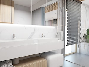 Salon łazienkowy - Mała z lustrem z dwoma umywalkami z marmurową podłogą łazienka z oknem, styl nowoczesny - zdjęcie od FOORMA Pracownia Architektury Wnętrz