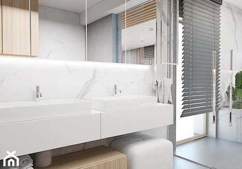 Salon łazienkowy - Mała z lustrem z dwoma umywalkami z marmurową podłogą łazienka z oknem, styl nowoczesny - zdjęcie od FOORMA Pracownia Architektury Wnętrz