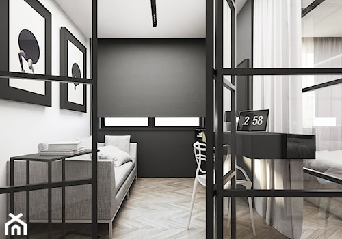 Mieszkanie Dąbrowa Górnicza - Średnie w osobnym pomieszczeniu z sofą z zabudowanym biurkiem białe czarne biuro, styl nowoczesny - zdjęcie od FOORMA Pracownia Architektury Wnętrz