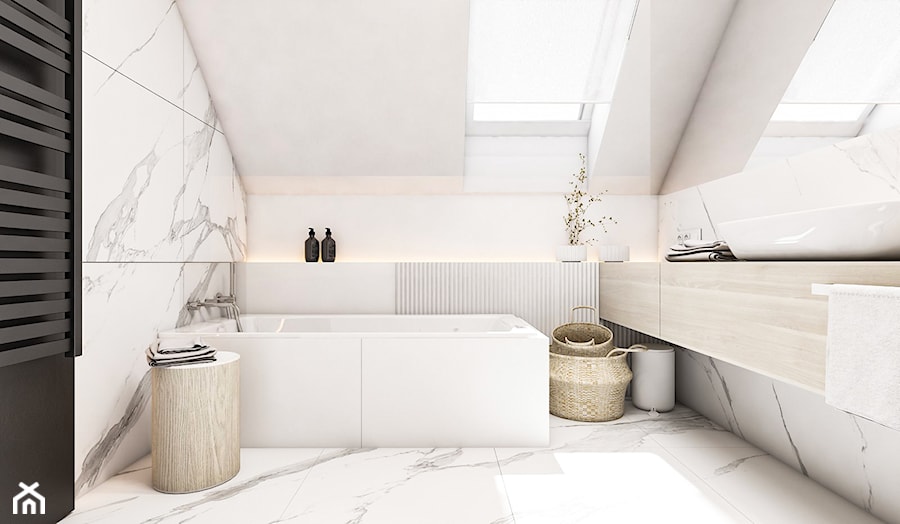 Dom Rybnik - Średnia na poddaszu z marmurową podłogą łazienka z oknem, styl nowoczesny - zdjęcie od FOORMA Pracownia Architektury Wnętrz