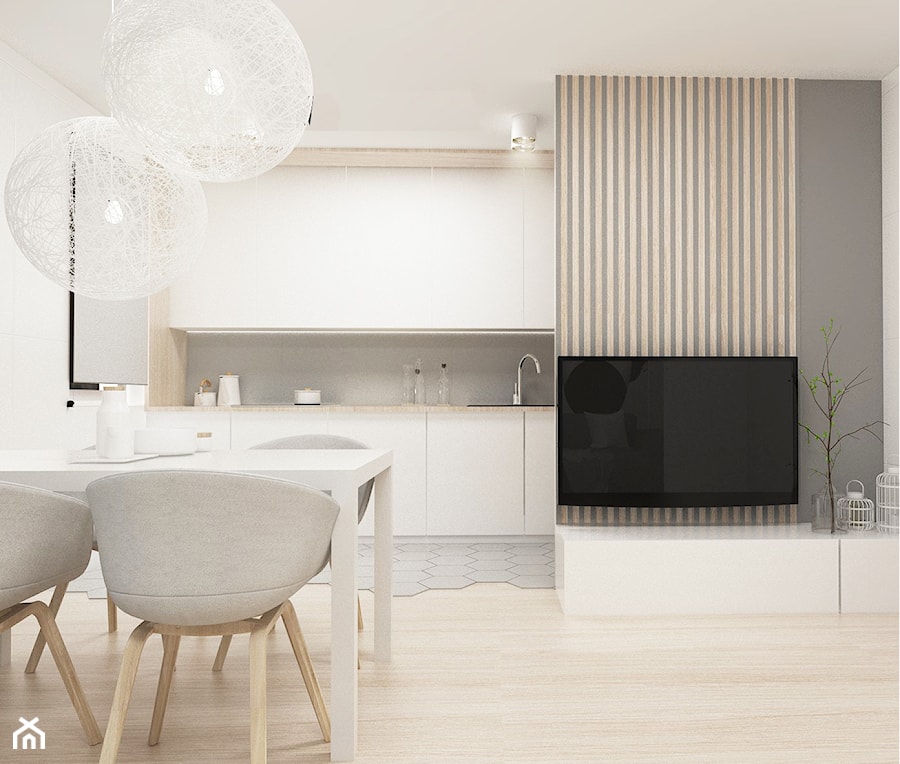 Ciepłe mieszkanie - Średnia szara jadalnia w salonie, styl skandynawski - zdjęcie od FOORMA Pracownia Architektury Wnętrz