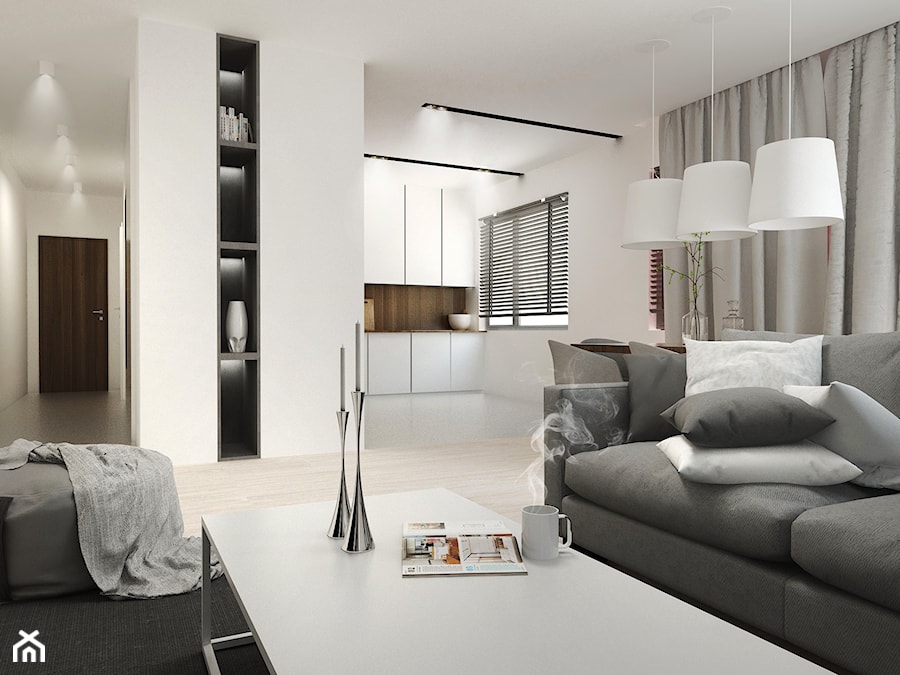 Eleganckie mieszkanie - Średni biały salon z kuchnią, styl nowoczesny - zdjęcie od FOORMA Pracownia Architektury Wnętrz
