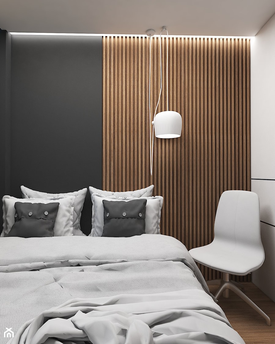 Kawalerka Mysłowice - Mała czarna szara sypialnia, styl nowoczesny - zdjęcie od FOORMA Pracownia Architektury Wnętrz