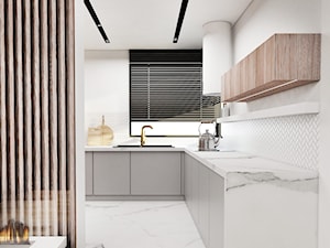 Dom Olkusz - Duża otwarta szara z zabudowaną lodówką z nablatowym zlewozmywakiem kuchnia w kształcie litery l z oknem z marmurową podłogą, styl nowoczesny - zdjęcie od FOORMA Pracownia Architektury Wnętrz