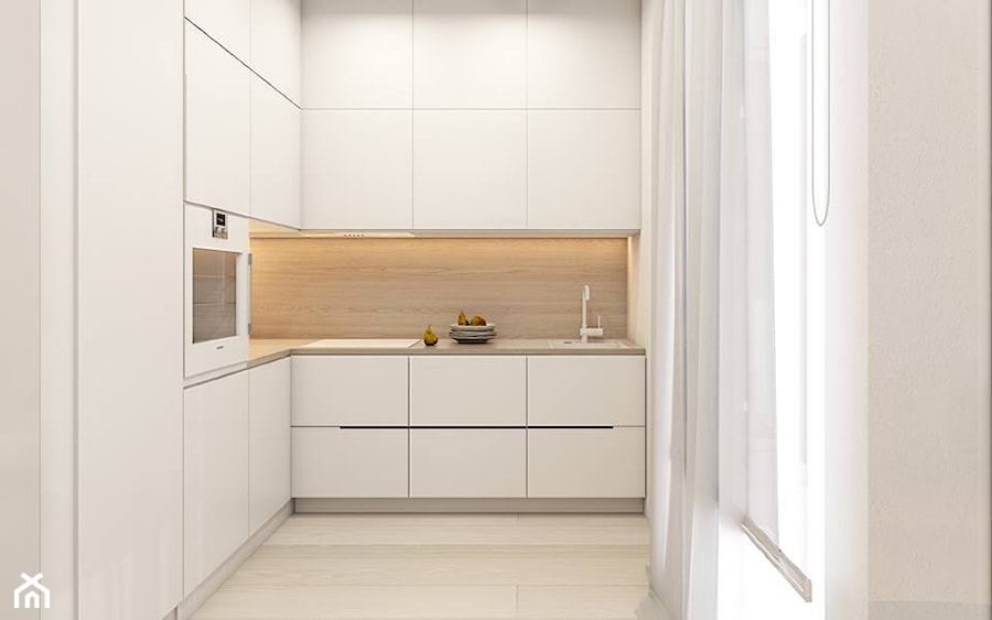 Mieszkanie w Warszawie II - Średnia zamknięta z salonem biała z zabudowaną lodówką z nablatowym zlewozmywakiem kuchnia w kształcie litery l z oknem, styl minimalistyczny - zdjęcie od FOORMA Pracownia Architektury Wnętrz