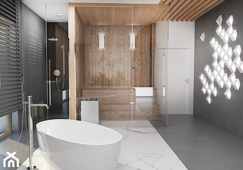 Salon łazienkowy - Duża na poddaszu z marmurową podłogą łazienka z oknem, styl nowoczesny - zdjęcie od FOORMA Pracownia Architektury Wnętrz