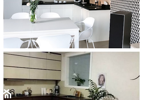 Metamorfoza salonu z kuchnią - Mała otwarta z salonem biała czarna z zabudowaną lodówką z podblatowym zlewozmywakiem kuchnia w kształcie litery l, styl skandynawski - zdjęcie od FOORMA Pracownia Architektury Wnętrz