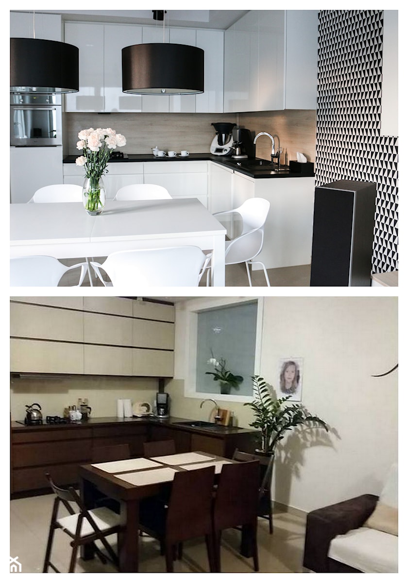 Metamorfoza salonu z kuchnią - Mała otwarta z salonem biała czarna z zabudowaną lodówką z podblatowym zlewozmywakiem kuchnia w kształcie litery l, styl skandynawski - zdjęcie od FOORMA Pracownia Architektury Wnętrz