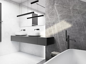 Łazienki - Średnia na poddaszu z lustrem z dwoma umywalkami z marmurową podłogą łazienka z oknem, styl minimalistyczny - zdjęcie od FOORMA Pracownia Architektury Wnętrz