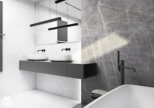 Łazienki - Średnia na poddaszu z lustrem z dwoma umywalkami z marmurową podłogą łazienka z oknem, styl minimalistyczny - zdjęcie od FOORMA Pracownia Architektury Wnętrz
