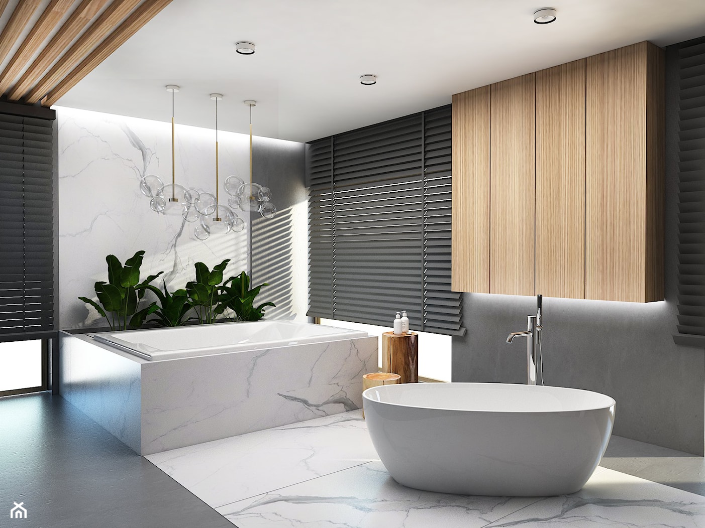 Salon łazienkowy - Duża jako pokój kąpielowy z marmurową podłogą z punktowym oświetleniem łazienka ... - zdjęcie od FOORMA Pracownia Architektury Wnętrz - Homebook